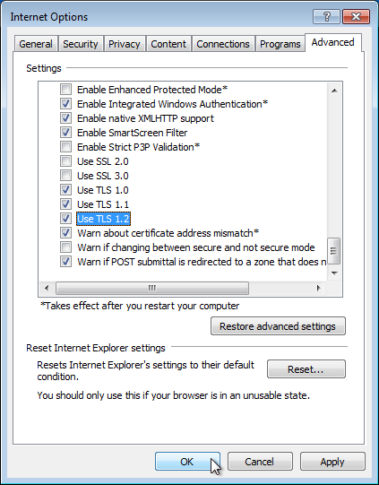 Internet options menu in Internet Explorer 10